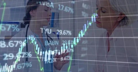 Image of financial graphs and data over caucasian female doctor talking with Stock Photos