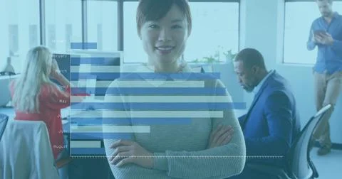 Image of financial graphs and data over happy asian woman looking at camera in Stock Photos