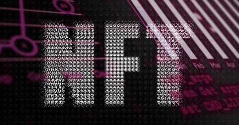 Image of financial graphs, data and nft over black background イラスト素材