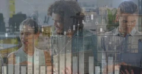 Image of financial graphs, data and cityscape over diverse businesspeople Stockfoto's