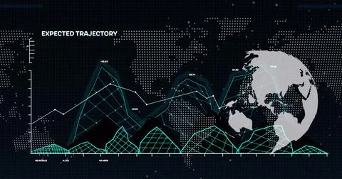 Image of financial graphs, globe, world map and data over black background イラスト素材