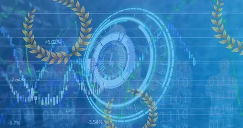 Image of financial graphs over processing circle on blue background Stock Photos