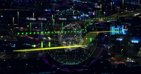 Image of financial graphs over road traffic and night cityscape Ilustração Stock