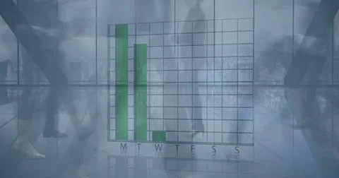 Image of financial graphs over timelapse with legs of diverse businesspeople Stock Illustration