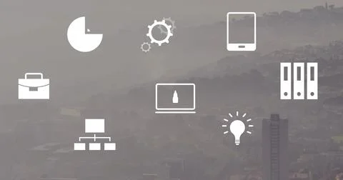 Image of financial icons and data processing over cityscape 写真素材