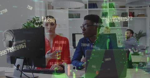 Image of financial market data processing over diverse man and woman discussing Foto stock