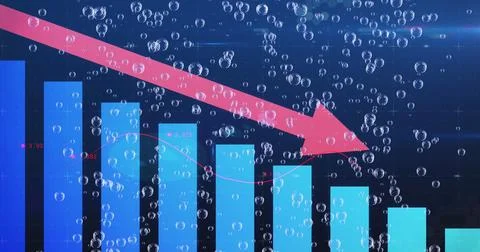 Image of financial statistics, data processing with red arrow descending and Stock Photos