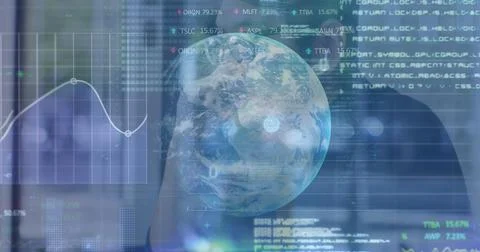 Image of financial statistics over globe with binary coding and businessman 스톡 사진