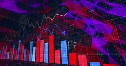 Image of finanvial data processing and shapes over black background Illustrazione stock