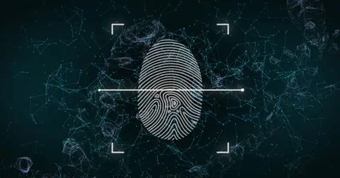 Image of finger print and network of connections over dark background Stock Photos