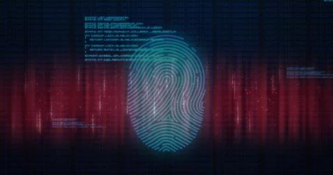 Image of fingerprint and computer language over abstract pattern against black イラスト素材