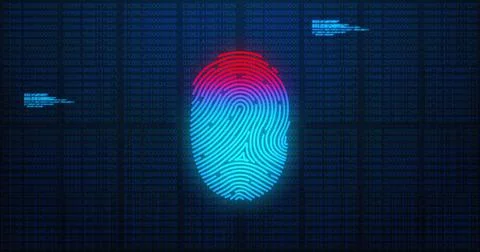Image of fingerprint and data processing over black background Illustrazione stock