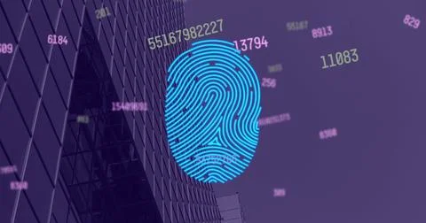 Image of fingerprint and data processing over cityscape Stock Illustration