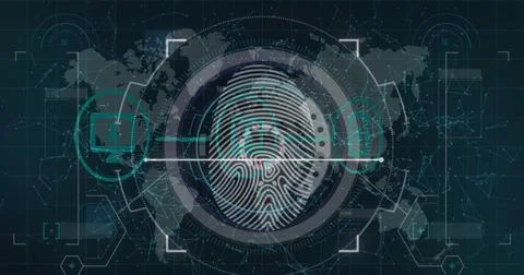 Image of fingerprint and data processing over network of connections on black Stockillustratie