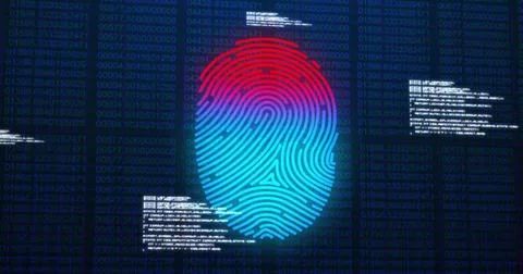 Image of fingerprint and data processing on dark blue background Stock Photos