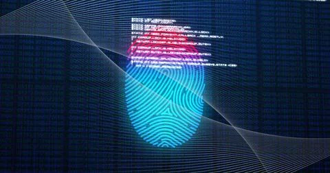 Image of fingerprint and data processing on black background Stock Photos
