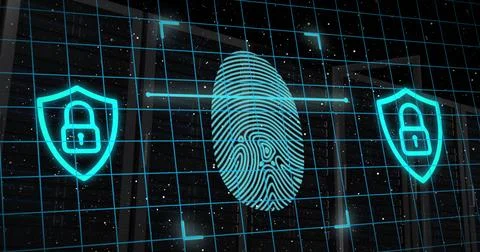 Image of fingerprint and padlock in shield with server racks over space in Stock Illustration