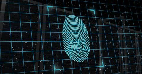 Image of fingerprint and padlock in shield with server racks over space in Stock Illustration