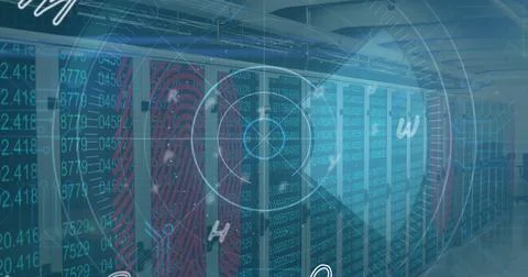 Image of fingerprint and scanner data processing over computer server room Stock Photos