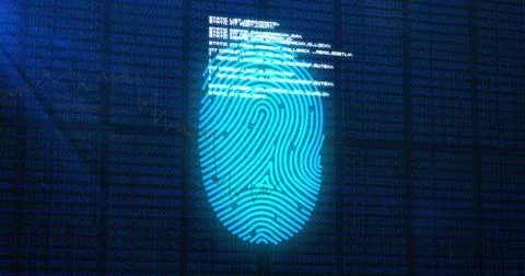 Image of fingerprint with data processing on black background Foto stock
