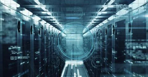 Image of fingerprint, data security text, icons and computer language over data Stock Photos