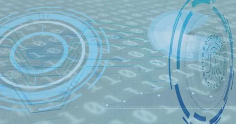 Image of fingerprint icon over data processing on blue background 库存插图