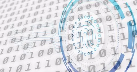 Image of fingerprint icon over data processing on white background Illustrazione stock