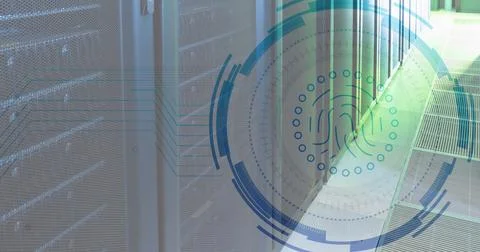 Image of fingerprint in loading circles over data server racks in server room Stock Photos