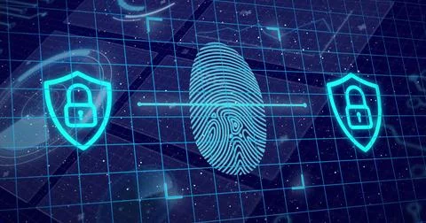Image of fingerprint over data processing on blue background Illustrazione stock