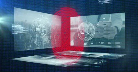 Image of fingerprint over data processing and digital screens Stock Illustration