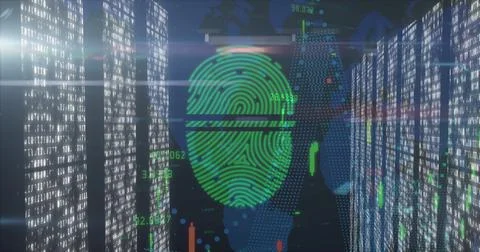 Image of fingerprint over data processing and light spots 写真素材