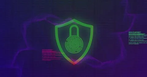 Image of fingerprint padlock in shield over computer language against abstract Stock Photos