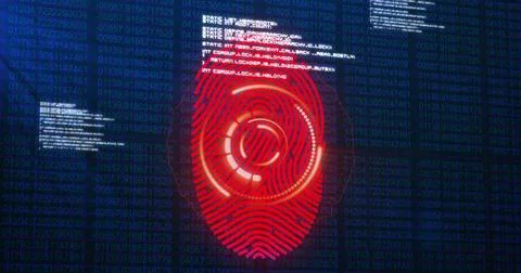 Image of fingerprint scanning and data processing on navy background Stock Illustration