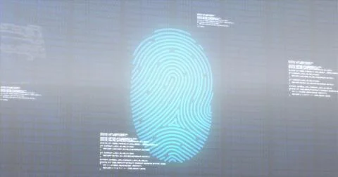 Image of fingerprint scanning and programming language moving over blurred .. Stock Photos