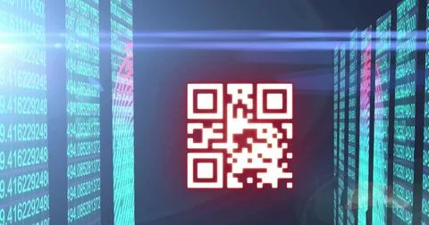 Image of fingerprints and multiple numbers, lens flare and qr code against black Illustrazione stock