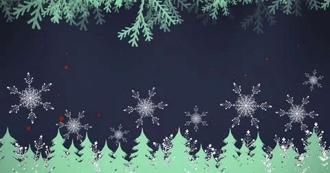 Image of fir tree branches over snow falling on dark background Illustrazione stock