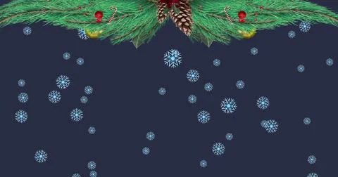 Image of fir tree branches over snow falling on dark background Stock Illustration