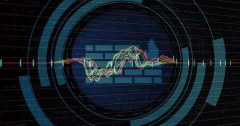 Image of fire wall, digital data processing over scope scanning on dark 스톡 일러스트