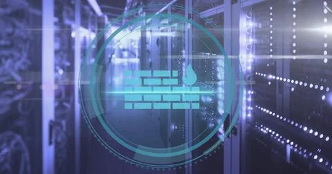 Image of fire wall icon and digital data processing over computer servers Stock Photos