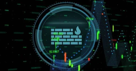Image of fire wall icon and data processing over black background Foto stock