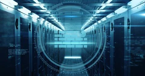 Image of firewall icon and digital data processing over computer servers Stock Photos
