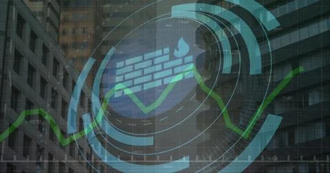 Image of firewall icon in loading circles, graphs and changing numbers over Stock Illustration