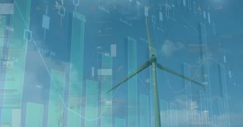 Image of firewall icon in loading circles and graphs over rotating windmill.. Foto stock