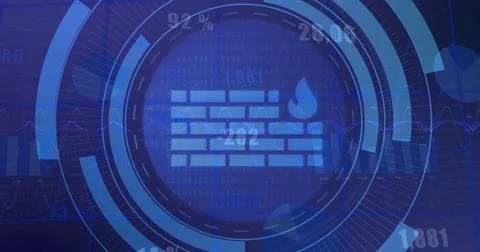 Image of firewall icon in loading circles, graphs, numbers, binary codes over Stock Photos