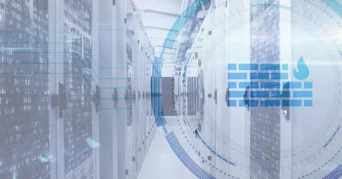 Image of firewall icon over round scanner against computer server room Stock Photos