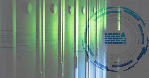 Image of firewall icon over round scanner against computer server room Stock Photos