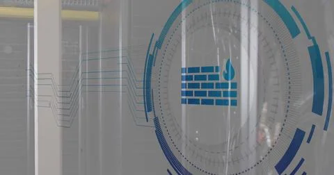 Image of firewall icon over round scanner against computer server room Stock Photos