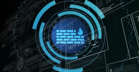 Image of firewall icon, scope scanning with data processing 스톡 사진