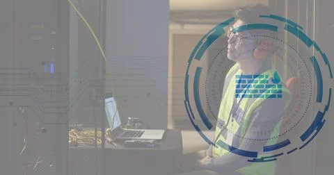 Image of firewall, loading circles, asian male engineer checking data server Stock Illustration