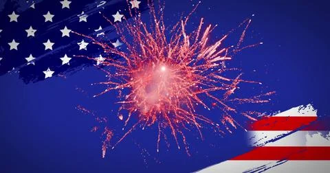 Image of fireworks exploding over american flag on blue background Illustrazione stock